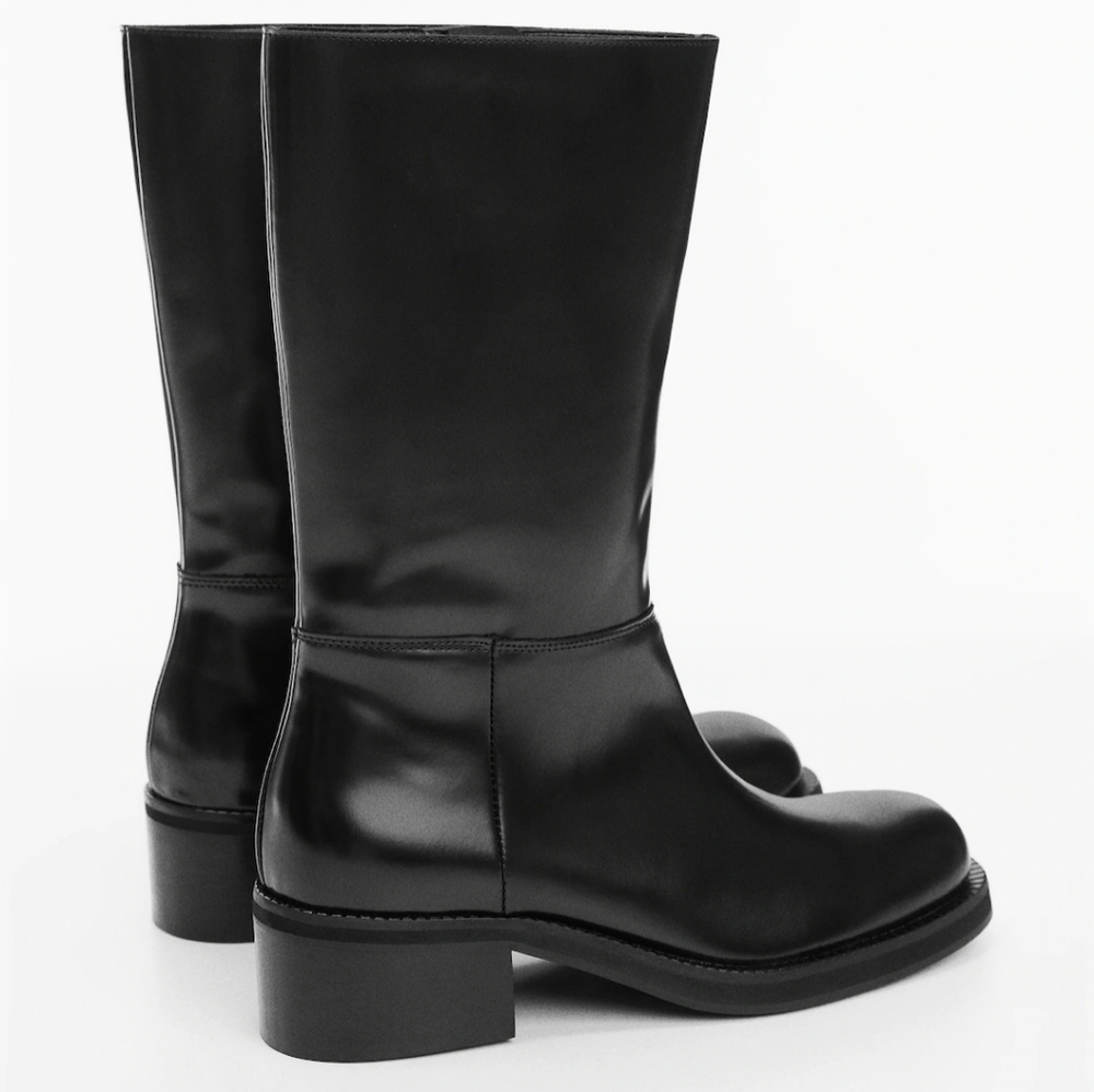 NWOT MNG Mango Leather boots zip closure Long Line Black Heeled 38 7.5 Square - Picture 2 of 11